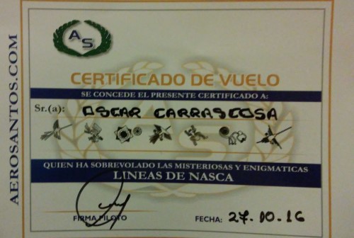 Certificado de haber volado las Líneas de Nazca